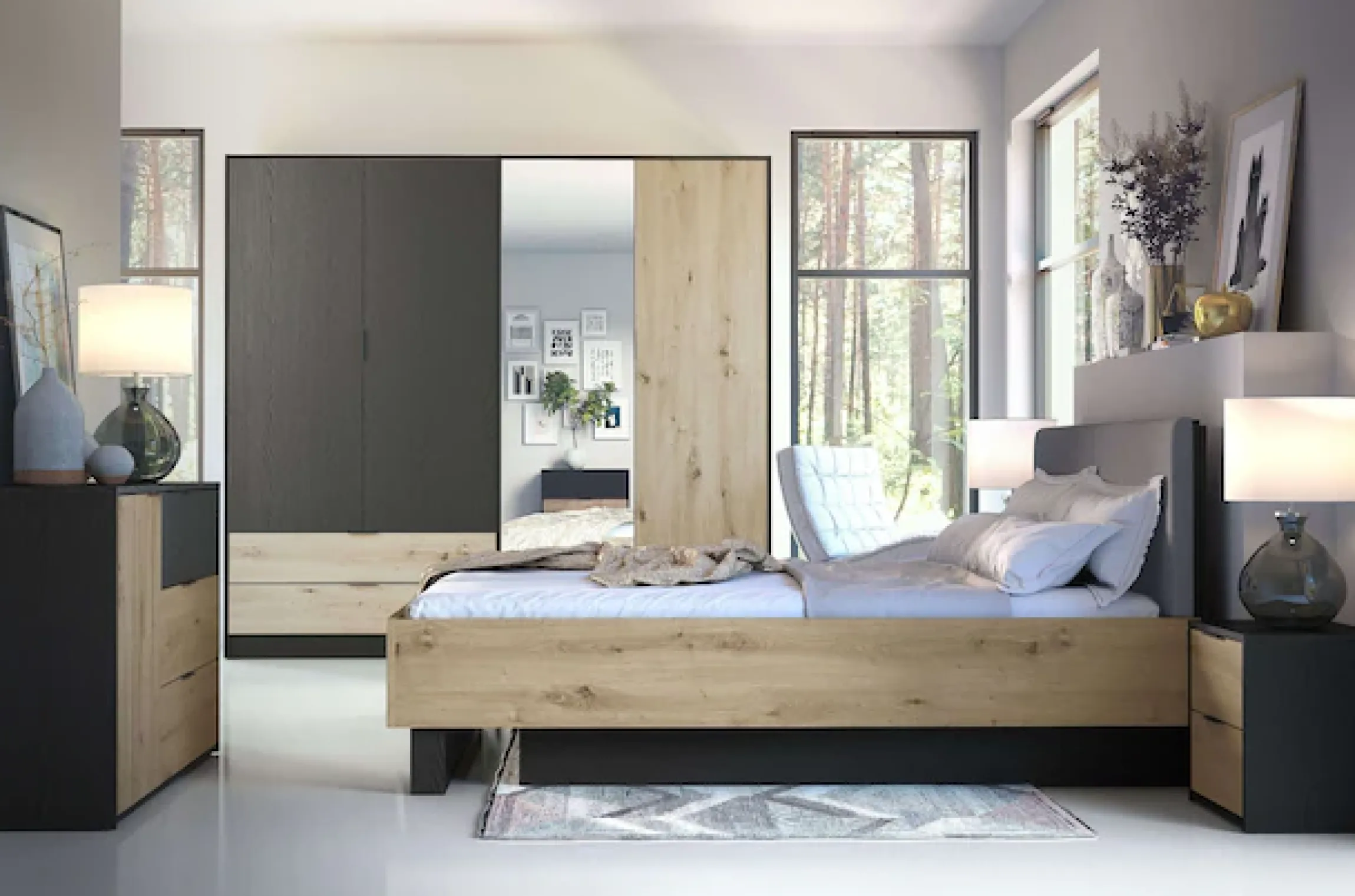 OTTO home Kleiderschrank »PEERY mit Spiegel, 2 Schubladen, 4 Fächer und 2 Kleiderstangen« Garderobe mit 4 Türen und schwarzen Griffen, Maße B/T/H: 220/54/203cm