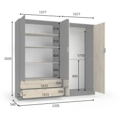 OTTO home Kleiderschrank »PEERY mit Spiegel, 2 Schubladen, 4 Fächer und 2 Kleiderstangen« Garderobe mit 4 Türen und schwarzen Griffen, Maße B/T/H: 220/54/203cm