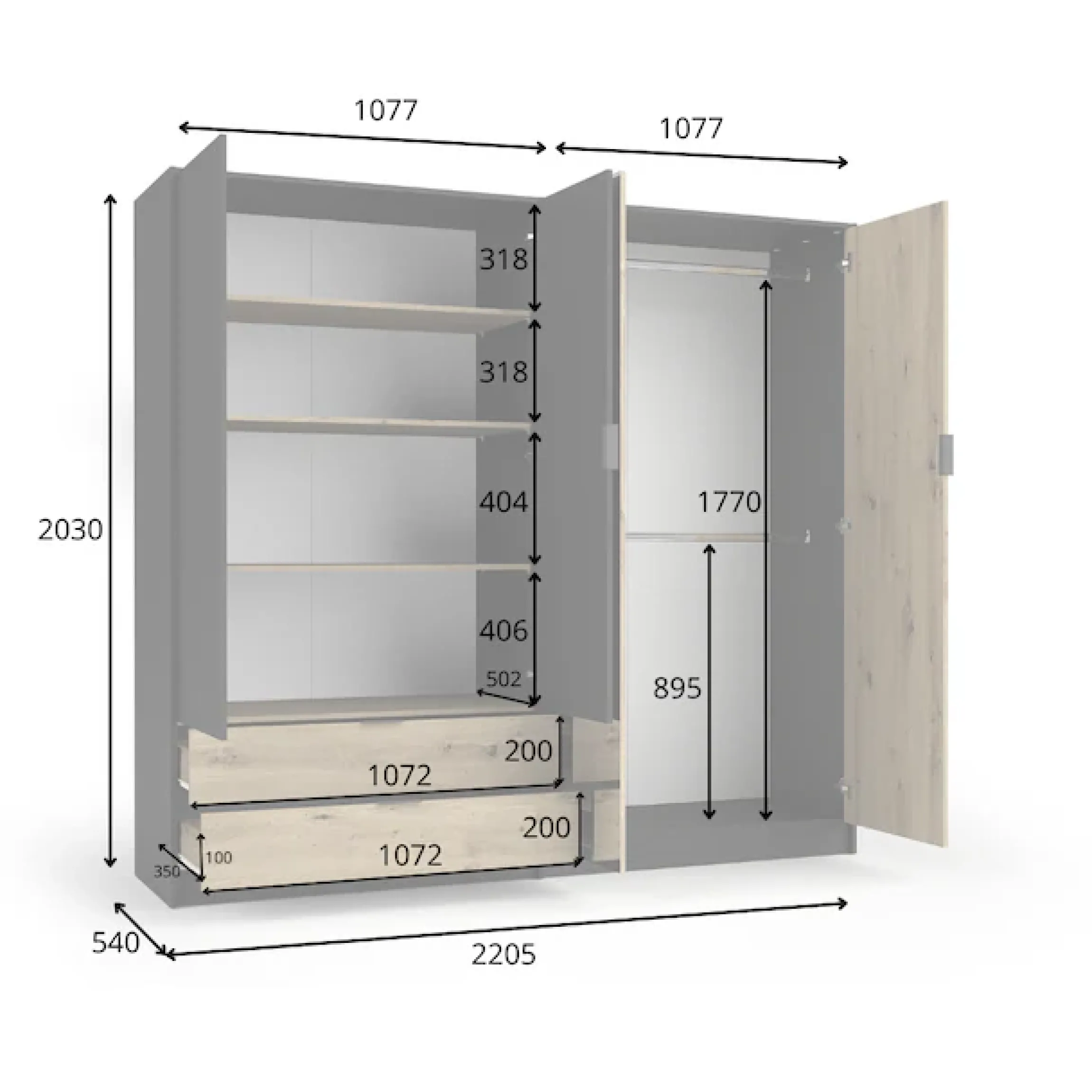 OTTO home Kleiderschrank »PEERY mit Spiegel, 2 Schubladen, 4 Fächer und 2 Kleiderstangen« Garderobe mit 4 Türen und schwarzen Griffen, Maße B/T/H: 220/54/203cm