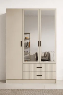 OTTO home Kleiderschrank »TERRIK,modern mit viel Stauraum & geriffelter Struktur, Spiegel« B/H/T ca.150/200/60 cm,Garderobe mit 6 Fächern, Kleiderstange, 2 Schubladen, Made in EU