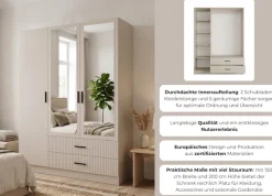 OTTO home Kleiderschrank »TERRIK,modern mit viel Stauraum & geriffelter Struktur, Spiegel« B/H/T ca.150/200/60 cm,Garderobe mit 6 Fächern, Kleiderstange, 2 Schubladen, Made in EU