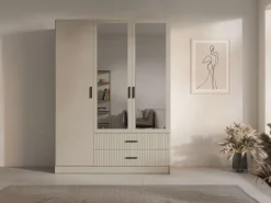 OTTO home Kleiderschrank »TERRIK,modern mit viel Stauraum & geriffelter Struktur, Spiegel« B/H/T ca.150/200/60 cm,Garderobe mit 6 Fächern, Kleiderstange, 2 Schubladen, Made in EU