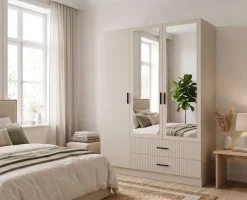 OTTO home Kleiderschrank »TERRIK,modern mit viel Stauraum & geriffelter Struktur, Spiegel« B/H/T ca.150/200/60 cm,Garderobe mit 6 Fächern, Kleiderstange, 2 Schubladen, Made in EU
