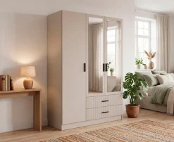 OTTO home Kleiderschrank »TERRIK,modern mit viel Stauraum & geriffelter Struktur, Spiegel« B/H/T ca.150/200/60 cm,Garderobe mit 6 Fächern, Kleiderstange, 2 Schubladen, Made in EU