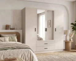 OTTO home Kleiderschrank »TERRIK,modern mit viel Stauraum & geriffelter Struktur, Spiegel« B/H/T ca. 200/200/60,Schrank mit 11 Fächern, Kleiderstange, 2 Schubladen, Made in EU