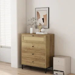 OTTO home Kombikommode »Motala Schlafzimmerschrank Garderobe Boho Eichen-Design« Eichen-Design mit Geflecht Schublade und schwarzen Griffen,Schrank Schlafzimmer mit 4 Schubladen hochwertig