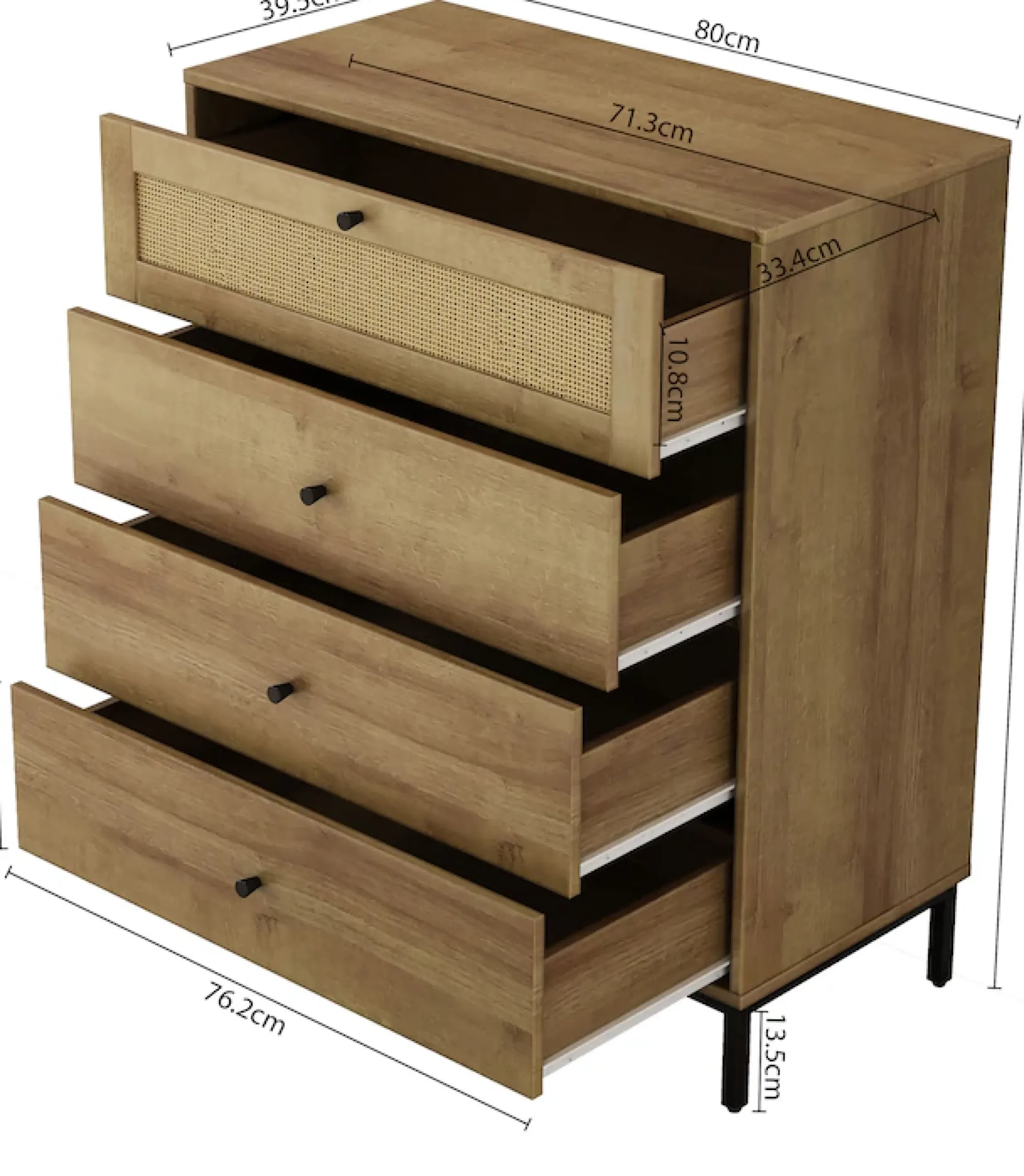 OTTO home Kombikommode »Motala Schlafzimmerschrank Garderobe Boho Eichen-Design« Eichen-Design mit Geflecht Schublade und schwarzen Griffen,Schrank Schlafzimmer mit 4 Schubladen hochwertig