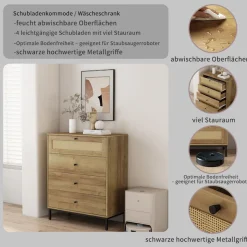 OTTO home Kombikommode »Motala Schlafzimmerschrank Garderobe Boho Eichen-Design« Eichen-Design mit Geflecht Schublade und schwarzen Griffen,Schrank Schlafzimmer mit 4 Schubladen hochwertig