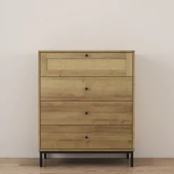 OTTO home Kombikommode »Motala Schlafzimmerschrank Garderobe Boho Eichen-Design« Eichen-Design mit Geflecht Schublade und schwarzen Griffen,Schrank Schlafzimmer mit 4 Schubladen hochwertig