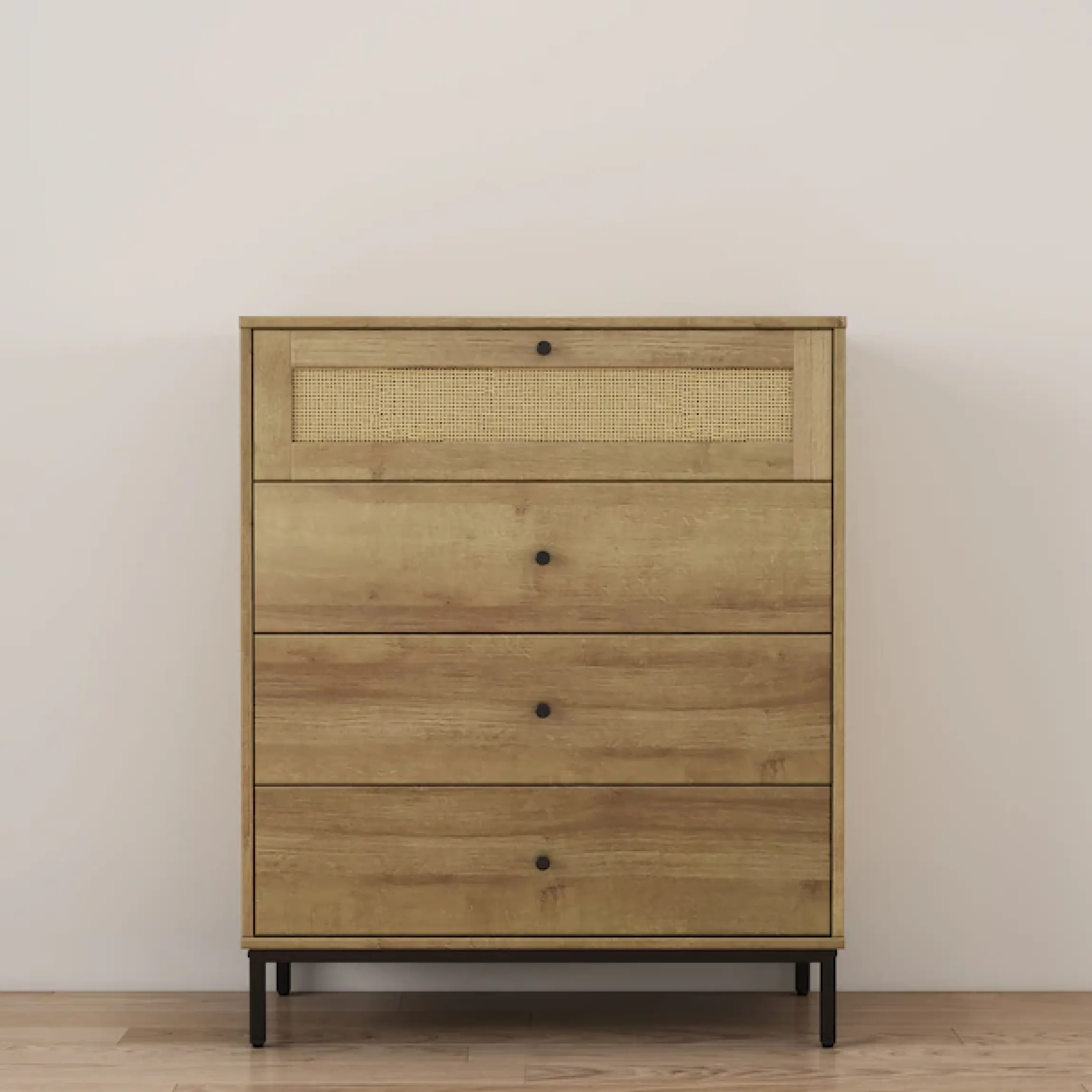 OTTO home Kombikommode »Motala Schlafzimmerschrank Garderobe Boho Eichen-Design« Eichen-Design mit Geflecht Schublade und schwarzen Griffen,Schrank Schlafzimmer mit 4 Schubladen hochwertig