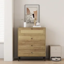 OTTO home Kombikommode »Motala Schlafzimmerschrank Garderobe Boho Eichen-Design« Eichen-Design mit Geflecht Schublade und schwarzen Griffen,Schrank Schlafzimmer mit 4 Schubladen hochwertig