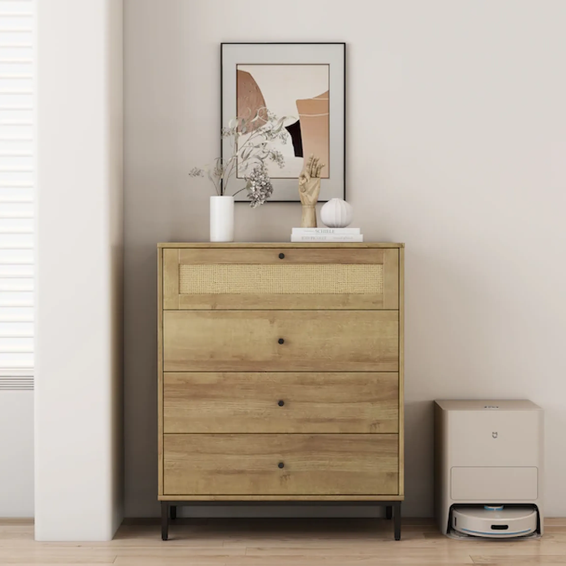 OTTO home Kombikommode »Motala Schlafzimmerschrank Garderobe Boho Eichen-Design« Eichen-Design mit Geflecht Schublade und schwarzen Griffen,Schrank Schlafzimmer mit 4 Schubladen hochwertig
