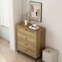 OTTO home Kombikommode »Motala Schlafzimmerschrank Garderobe Boho Eichen-Design« Eichen-Design mit Geflecht Schublade und schwarzen Griffen,Schrank Schlafzimmer mit 4 Schubladen hochwertig