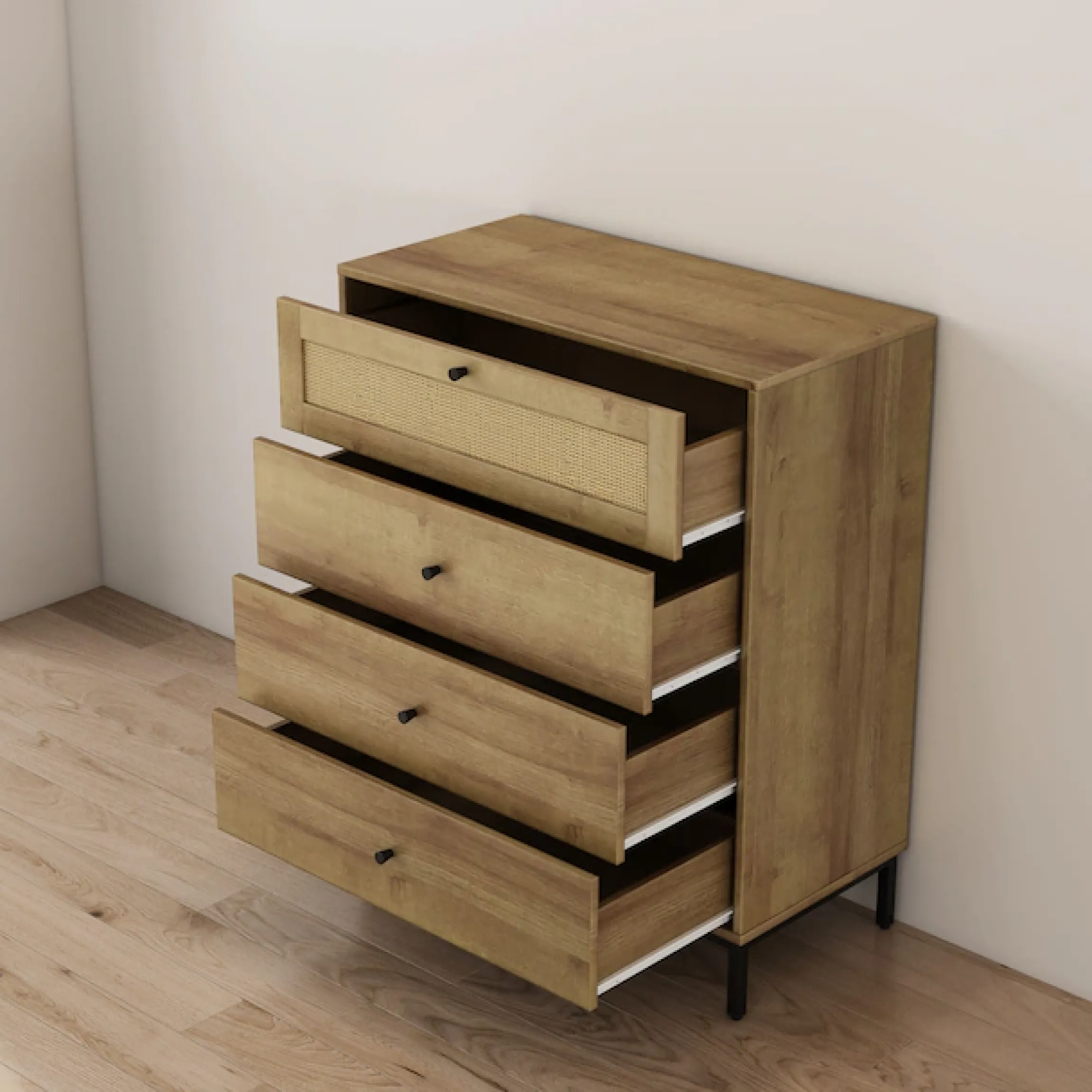 OTTO home Kombikommode »Motala Schlafzimmerschrank Garderobe Boho Eichen-Design« Eichen-Design mit Geflecht Schublade und schwarzen Griffen,Schrank Schlafzimmer mit 4 Schubladen hochwertig