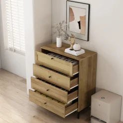 OTTO home Kombikommode »Motala Schlafzimmerschrank Garderobe Boho Eichen-Design« Eichen-Design mit Geflecht Schublade und schwarzen Griffen,Schrank Schlafzimmer mit 4 Schubladen hochwertig