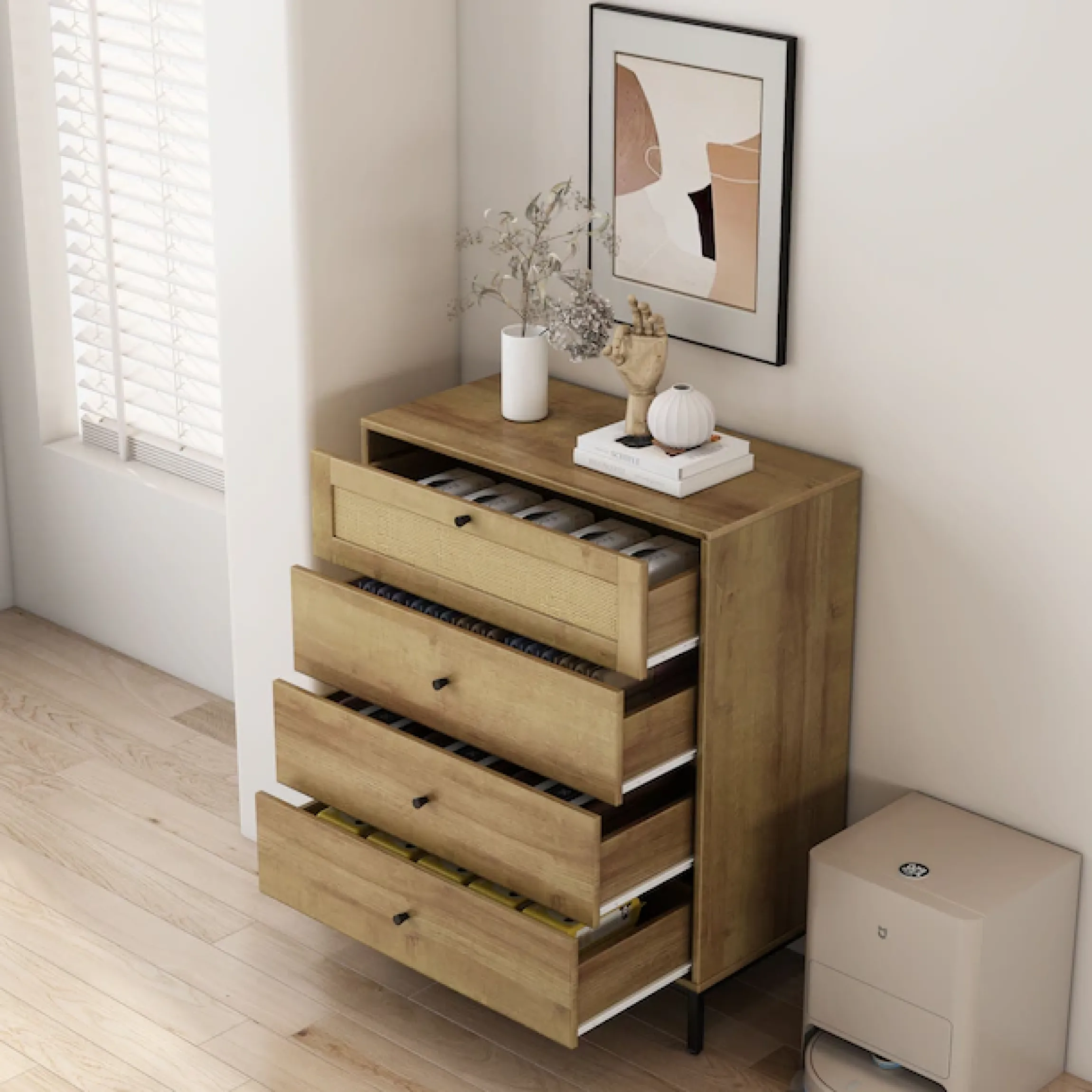 OTTO home Kombikommode »Motala Schlafzimmerschrank Garderobe Boho Eichen-Design« Eichen-Design mit Geflecht Schublade und schwarzen Griffen,Schrank Schlafzimmer mit 4 Schubladen hochwertig
