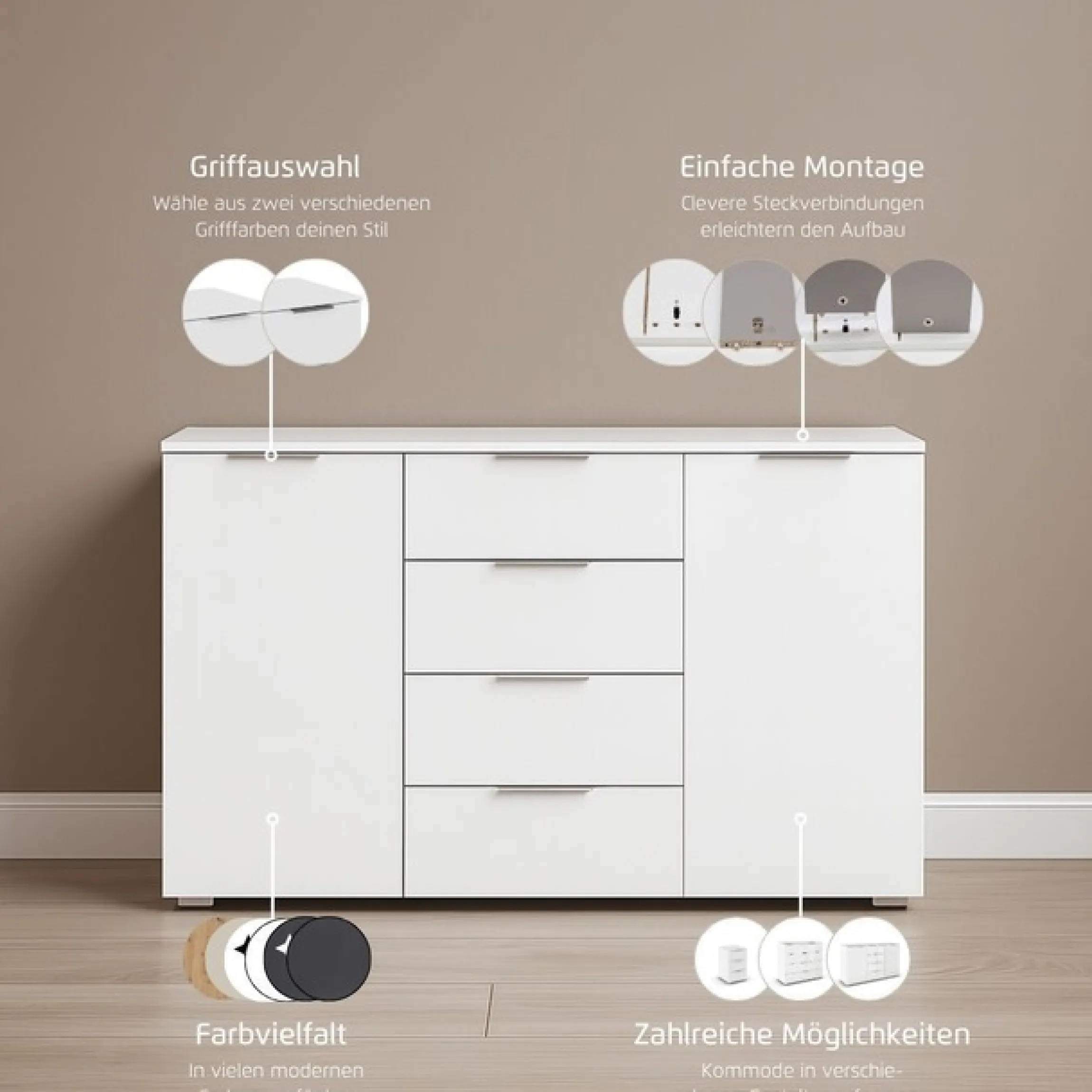 OTTO home Kombikommode »Sideboard Schubladenkommode AGORDO mit Dekor- oder Hochglanzfront« in zwei Griff-Farben, Breite 120 cm,vier große Schubladen, mit insgesamt 4 Einlegeböden MADE IN GERMANY