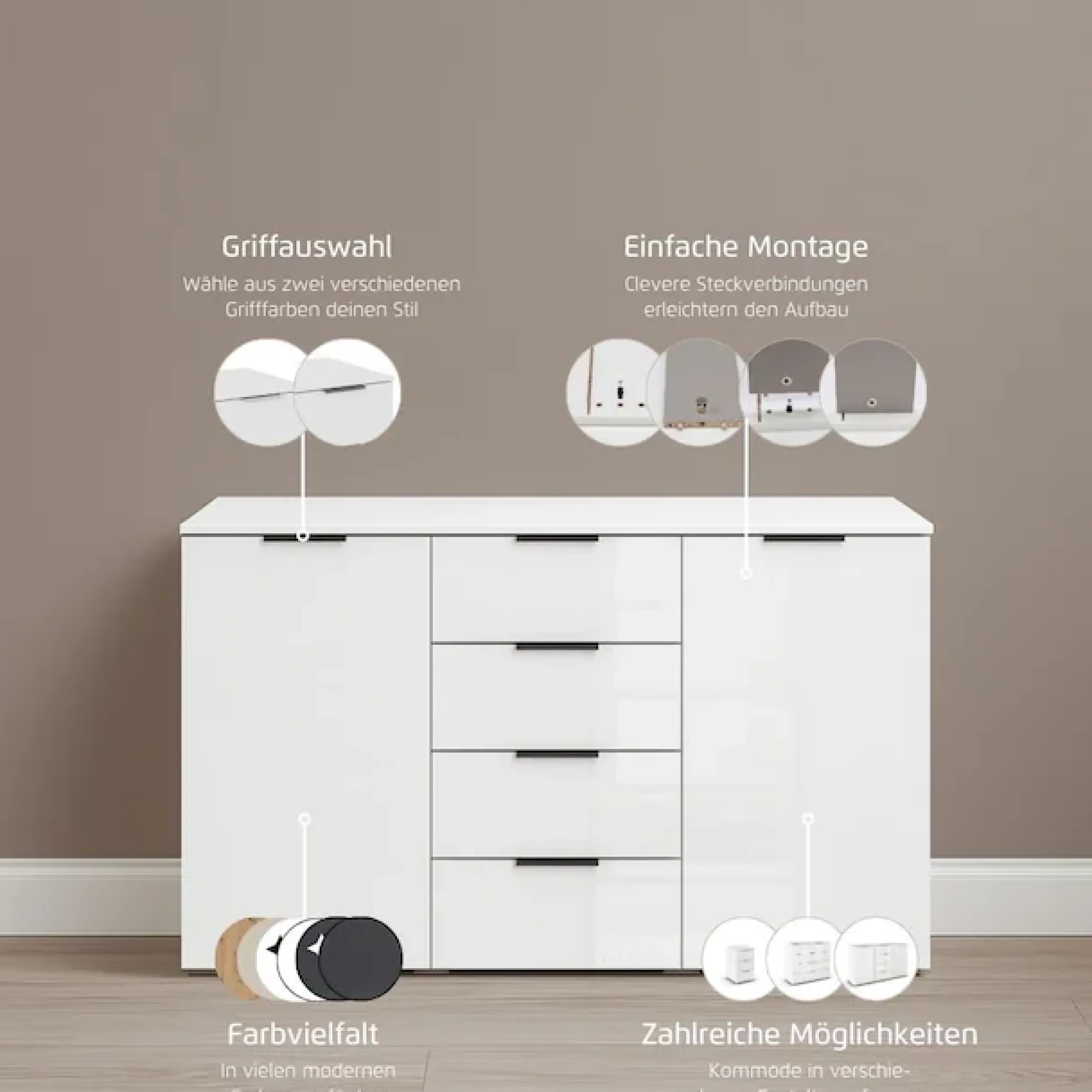 OTTO home Kombikommode »Sideboard Kombikommode Schubladenkommode AGORDO mit Glasfront« in zwei Griff-Farben, Breite 120 cm,vier große Schubladen, mit insgesamt 4 Einlegeböden MADE IN GERMANY