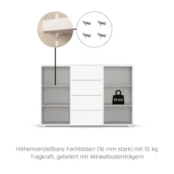 OTTO home Kombikommode »Sideboard Kombikommode Schubladenkommode AGORDO mit Glasfront« in zwei Griff-Farben, Breite 120 cm,vier große Schubladen, mit insgesamt 4 Einlegeböden MADE IN GERMANY