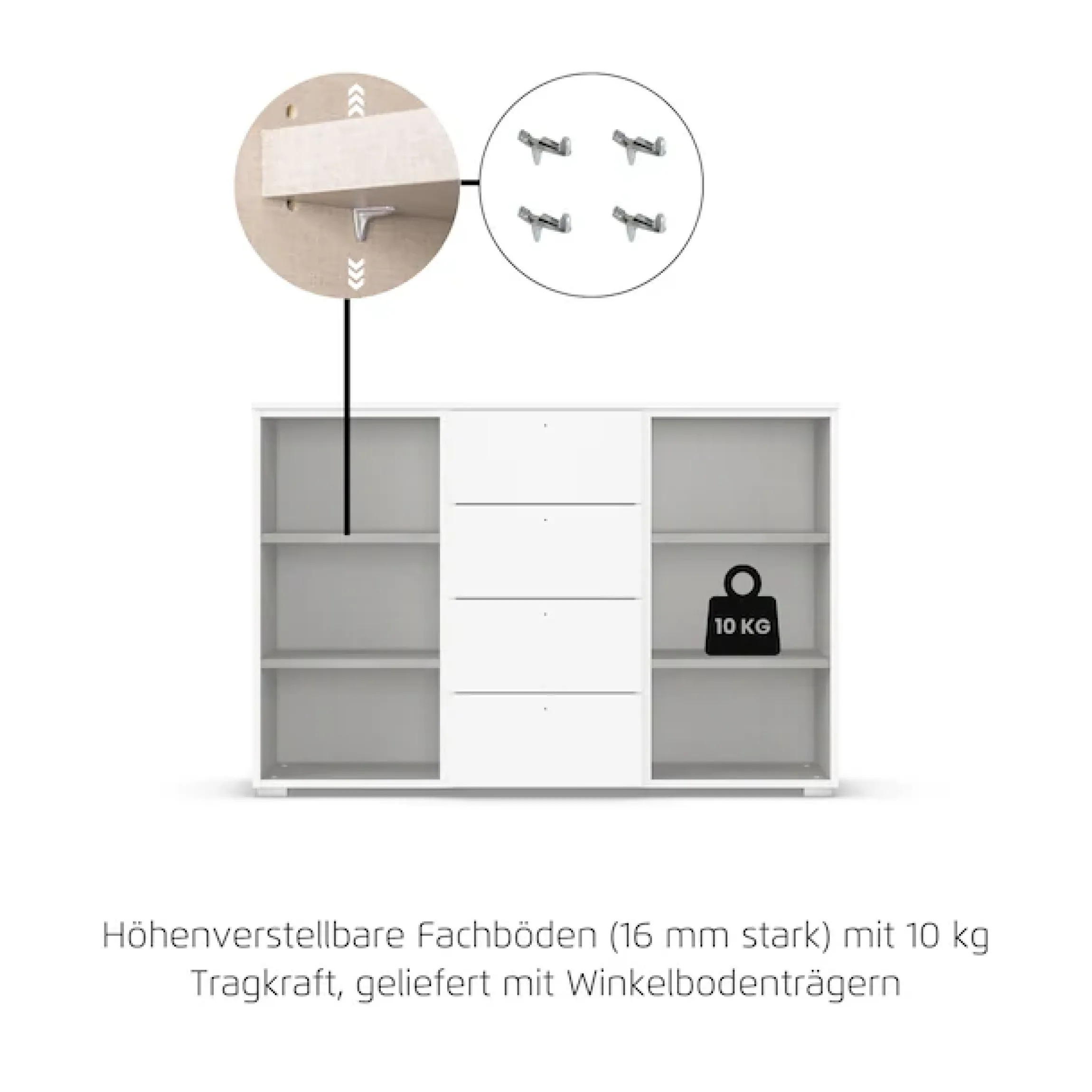 OTTO home Kombikommode »Sideboard Kombikommode Schubladenkommode AGORDO mit Glasfront« in zwei Griff-Farben, Breite 120 cm,vier große Schubladen, mit insgesamt 4 Einlegeböden MADE IN GERMANY