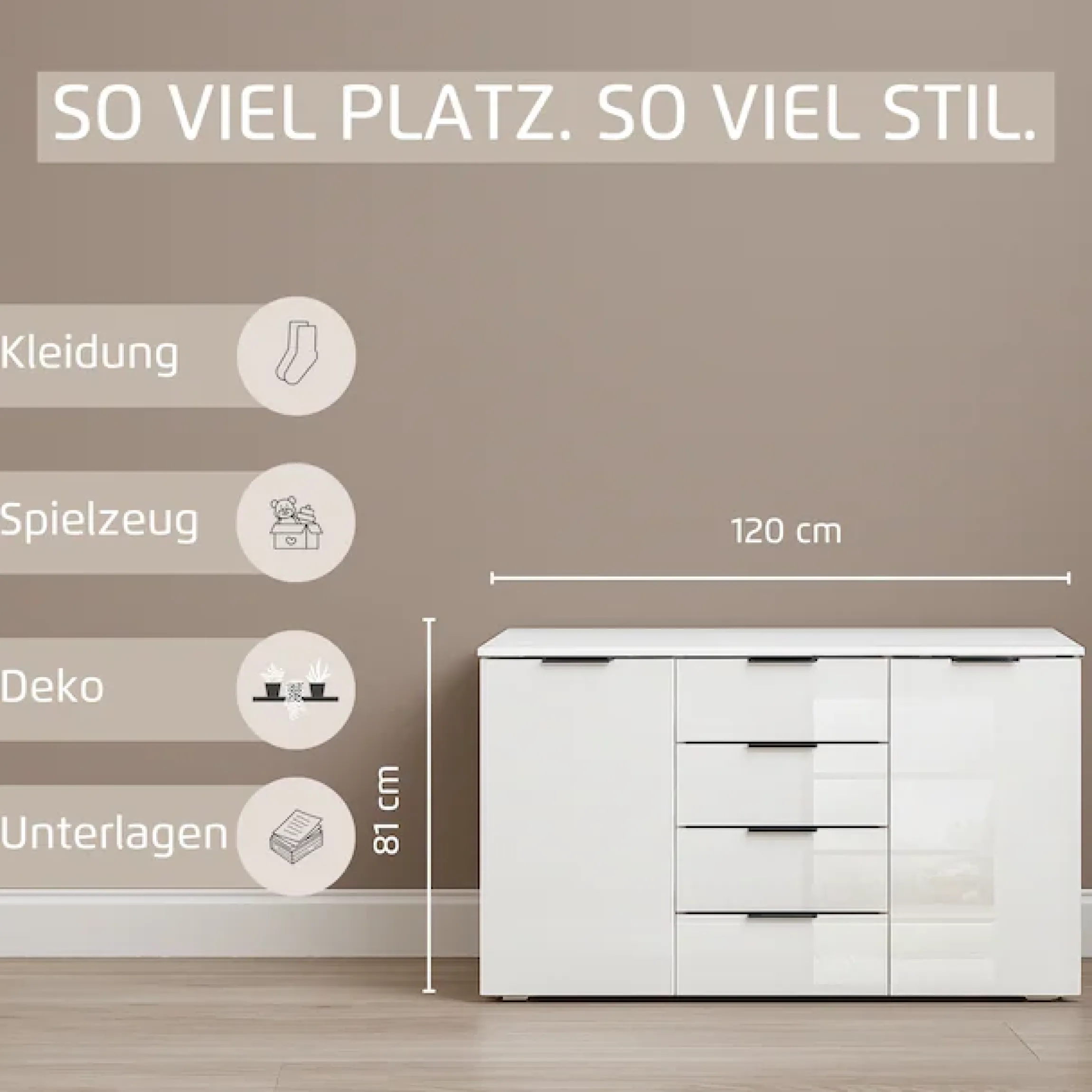 OTTO home Kombikommode »Sideboard Kombikommode Schubladenkommode AGORDO mit Glasfront« in zwei Griff-Farben, Breite 120 cm,vier große Schubladen, mit insgesamt 4 Einlegeböden MADE IN GERMANY