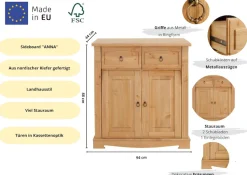OTTO home Kommode »Anna, Sideboard, Anrichte, Stauraumschrank« B/T/H: 94/40/88 cm,aus massiver Kiefer, Breite 94 cm, mit Kassettenoptik, FSC®