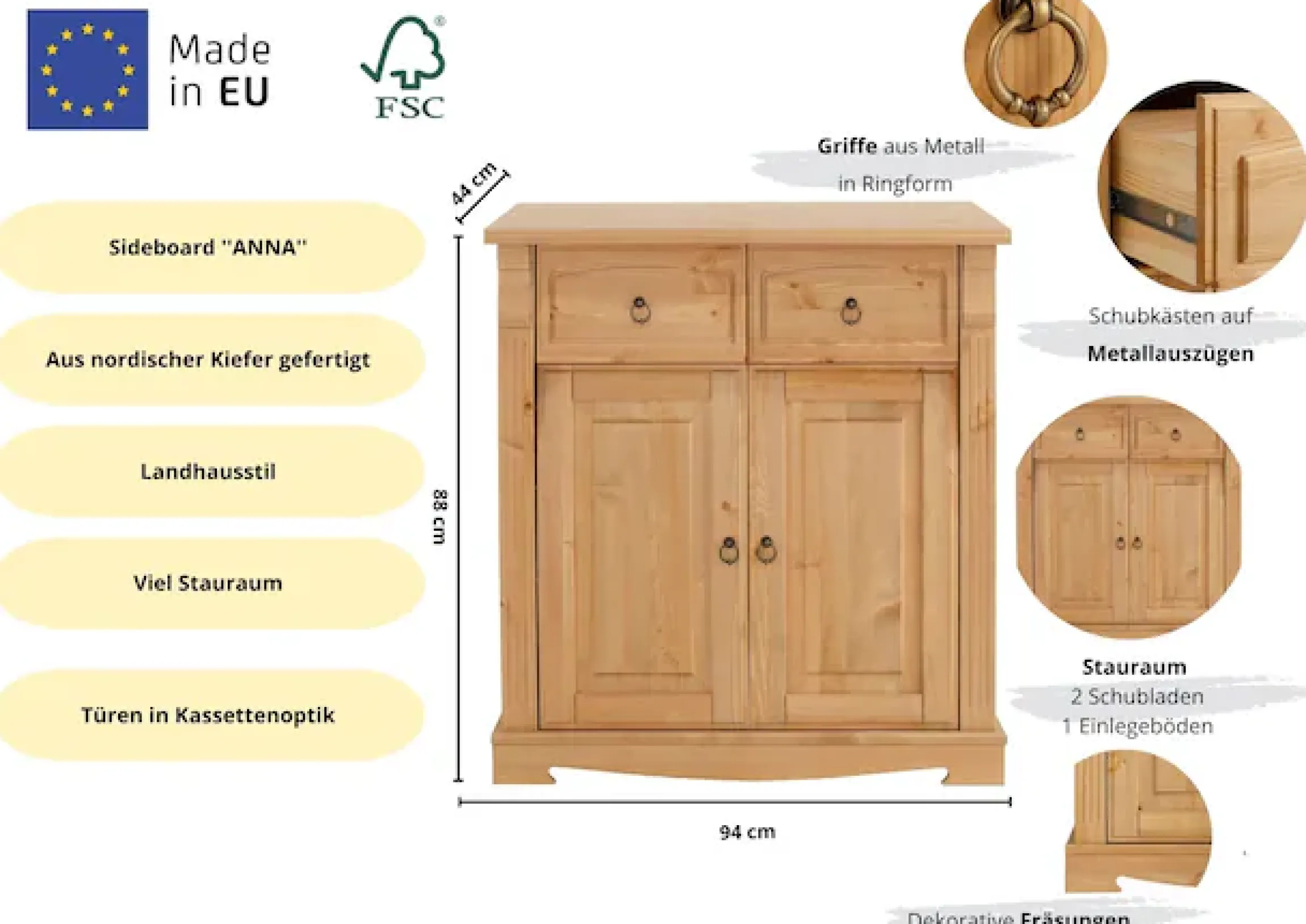 OTTO home Kommode »Anna, Sideboard, Anrichte, Stauraumschrank« B/T/H: 94/40/88 cm,aus massiver Kiefer, Breite 94 cm, mit Kassettenoptik, FSC®