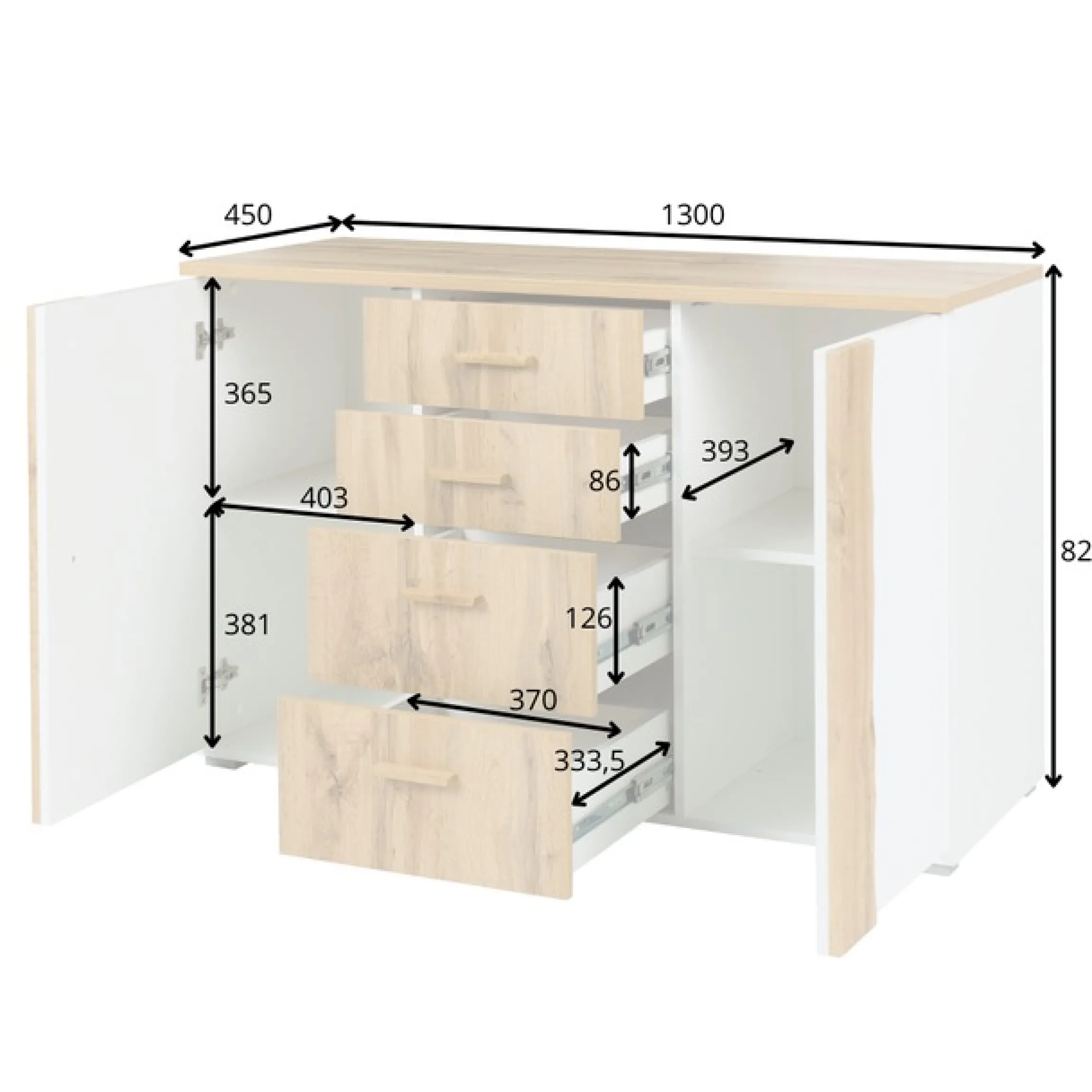 OTTO home Kommode »Kommode Fabellaa mit 4 Schubladen, 2 Einlegeböden, BxHxT 130x82x45 cm« mit viel Stauraum, 2 Drehtüren