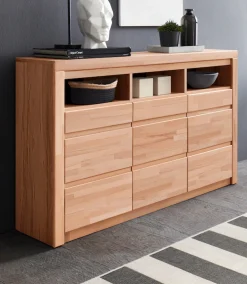 OTTO home Kommode »Silkeborg Fronten & Leisten aus Massivholz, Kospus aus Melamin« B/T/H 130/35/85 cm. 3 offene und 6 geschlossene Fächer