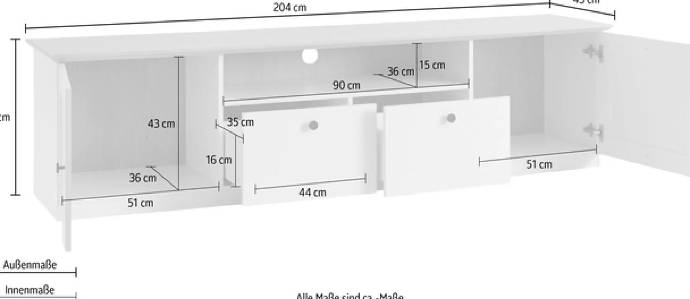 OTTO home Lowboard »Brest, TV-Unterschrank, Kommode, TV-Schrank im Landhausstil« schwarze Metallgriffe, ausreichend Stauraum, 204 cm breit