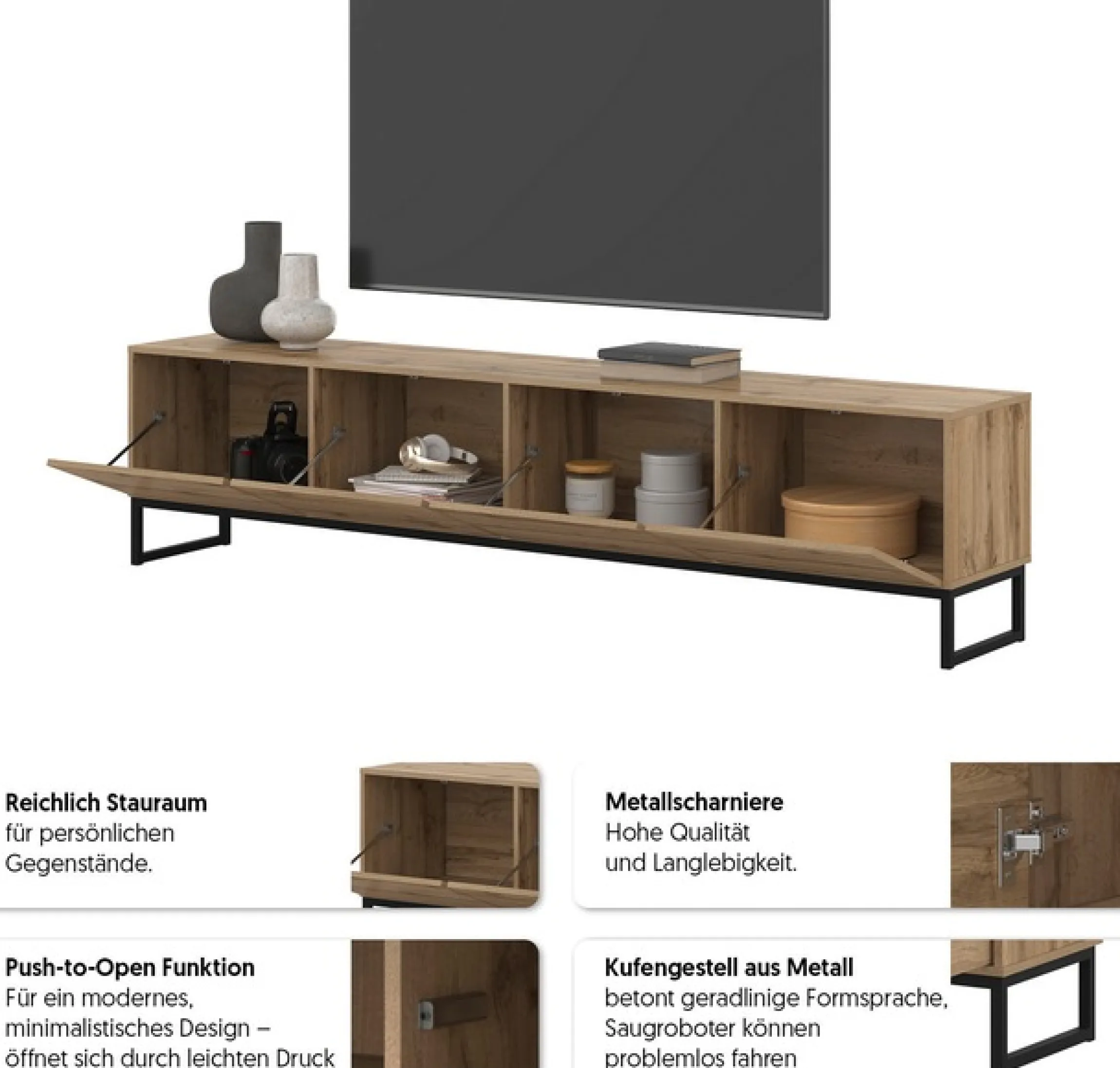 OTTO home Lowboard »Loft, Breite 208,5 cm, TV-Board mit 4 Klappen, Metallkufen« TV-Kommode mit viel Stauraum, push-to-open-Funktion