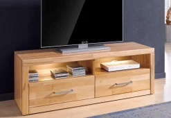 OTTO home Lowboard »Logo,130cm breit,42 cm tief, Fronten Massivholz, Kabeldurchführung« Holz massiv, Holzwerkstoff, Metall Griffe,2 Schubladen