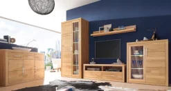 OTTO home Lowboard »Logo,130cm breit,42 cm tief, Fronten Massivholz, Kabeldurchführung« Holz massiv, Holzwerkstoff, Metall Griffe,2 Schubladen