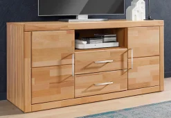 OTTO home Lowboard »Logo,130cm breit, Fronten Massivholz,5 Fächer« Holz massiv, Holzwerkstoff, Metall Griffe,2 Türen,2 Schubladen
