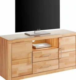 OTTO home Lowboard »Logo,130cm breit, Fronten Massivholz,5 Fächer« Holz massiv, Holzwerkstoff, Metall Griffe,2 Türen,2 Schubladen