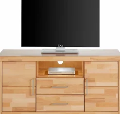 OTTO home Lowboard »Logo,130cm breit, Fronten Massivholz,5 Fächer« Holz massiv, Holzwerkstoff, Metall Griffe,2 Türen,2 Schubladen