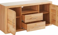 OTTO home Lowboard »Logo,130cm breit, Fronten Massivholz,5 Fächer« Holz massiv, Holzwerkstoff, Metall Griffe,2 Türen,2 Schubladen