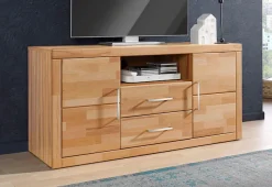OTTO home Lowboard »Logo,130cm breit, Fronten Massivholz,5 Fächer« Holz massiv, Holzwerkstoff, Metall Griffe,2 Türen,2 Schubladen