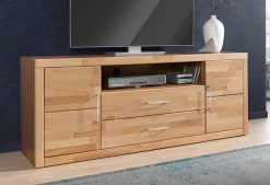 OTTO home Lowboard »Logo,160cm breit,42 cm tief, Fronten Massivholz, Kabeldurchführung« Korpus Holzwerkstoff,62 cm hoch, 5 Fächer, Metallgriffe