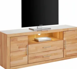 OTTO home Lowboard »Logo,160cm breit,42 cm tief, Fronten Massivholz, Kabeldurchführung« Korpus Holzwerkstoff,62 cm hoch, 5 Fächer, Metallgriffe