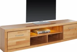 OTTO home Lowboard »Logo,200cm breit,42 cm tief, Fronten Massivholz, Kabeldurchführung« Korpus Holzwerkstoff,2 Klappen, 5 Fächer, Metallgriffe