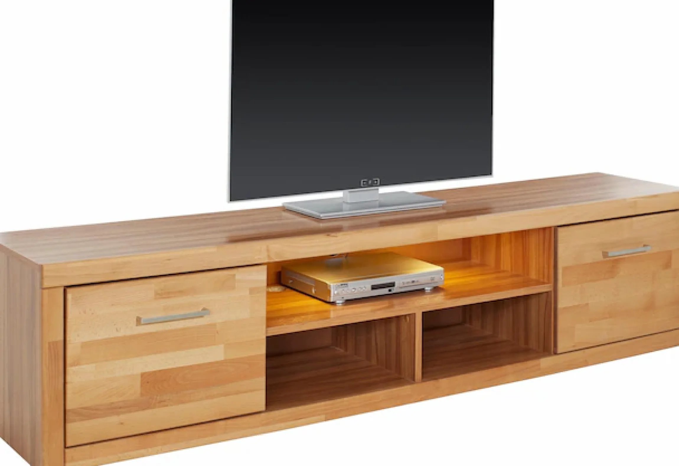 OTTO home Lowboard »Logo,200cm breit,42 cm tief, Fronten Massivholz, Kabeldurchführung« Korpus Holzwerkstoff,2 Klappen, 5 Fächer, Metallgriffe