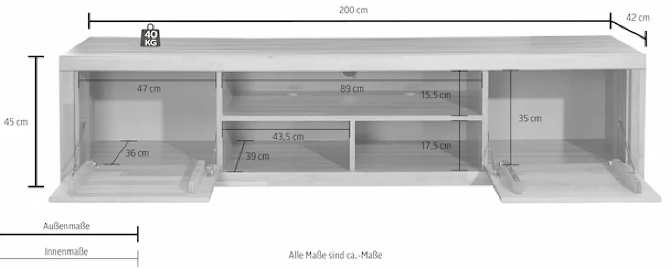 OTTO home Lowboard »Logo,200cm breit,42 cm tief, Fronten Massivholz, Kabeldurchführung« Korpus Holzwerkstoff,2 Klappen, 5 Fächer, Metallgriffe