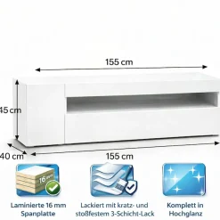 OTTO home Lowboard »LORENZO 1, TV-Board, TV-Kommode, TV-Schrank, TV-Unterschrank, TV-Möbel« Modernes lackiertes Hochglanz TV-Board, grifflos, Breite 155 cm