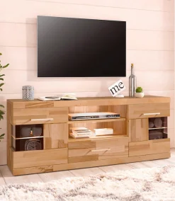 OTTO home Lowboard »Ribe,140cm breit, Fronten Massivholz,6 Fächer,Kabeldurchführung« Korpus Holzwerkstoff,Glaseinsatz aus gehärtetem Glas,Böden versetzbar