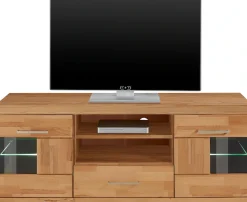 OTTO home Lowboard »Ribe,140cm breit, Fronten Massivholz,6 Fächer,Kabeldurchführung« Korpus Holzwerkstoff,Glaseinsatz aus gehärtetem Glas,Böden versetzbar