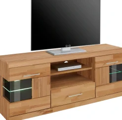 OTTO home Lowboard »Ribe,140cm breit, Fronten Massivholz,6 Fächer,Kabeldurchführung« Korpus Holzwerkstoff,Glaseinsatz aus gehärtetem Glas,Böden versetzbar