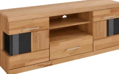 OTTO home Lowboard »Ribe,140cm breit, Fronten Massivholz,6 Fächer,Kabeldurchführung« Korpus Holzwerkstoff,Glaseinsatz aus gehärtetem Glas,Böden versetzbar