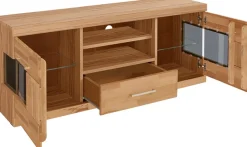 OTTO home Lowboard »Ribe,140cm breit, Fronten Massivholz,6 Fächer,Kabeldurchführung« Korpus Holzwerkstoff,Glaseinsatz aus gehärtetem Glas,Böden versetzbar