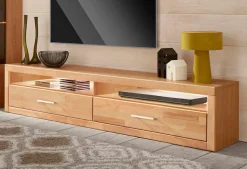 OTTO home Lowboard »Ribe,180cm breit, Fronten Massivholz,4 Fächer ,Kabeldurchführung« Holz massiv, Holzwerkstoff, Metall Griffe,2 Klappen
